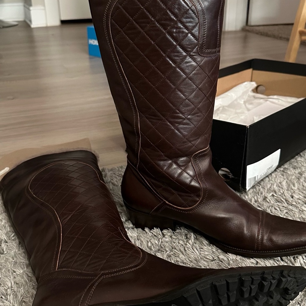 Quilted Brown Leather Riding Boots